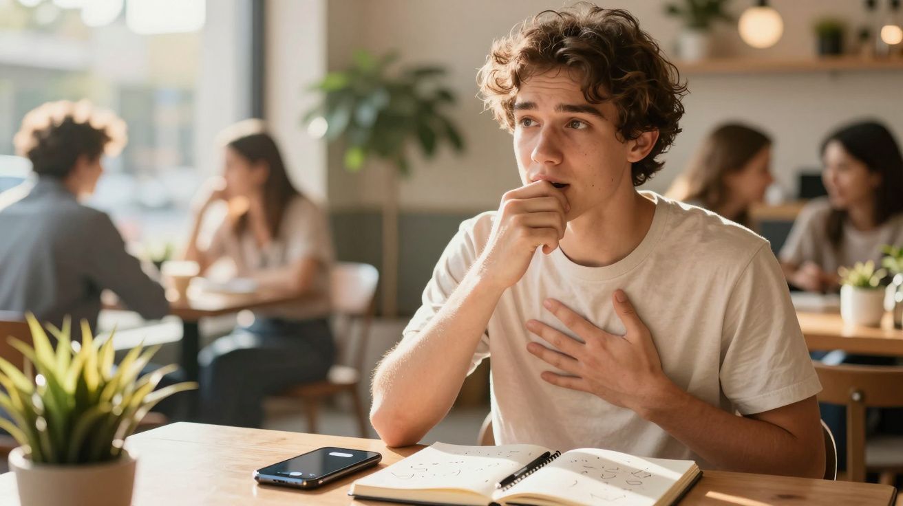 Jovem sentado numa mesa com caderno aberto, a tossir e a segurar o peito num café.