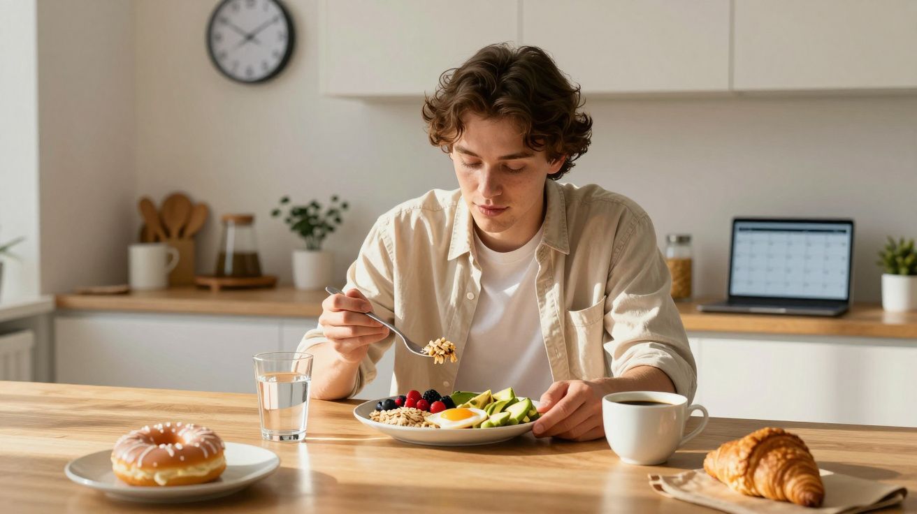 Jovem a comer uma refeição saudável com ovos, abacate, frutas e cereais numa cozinha moderna.