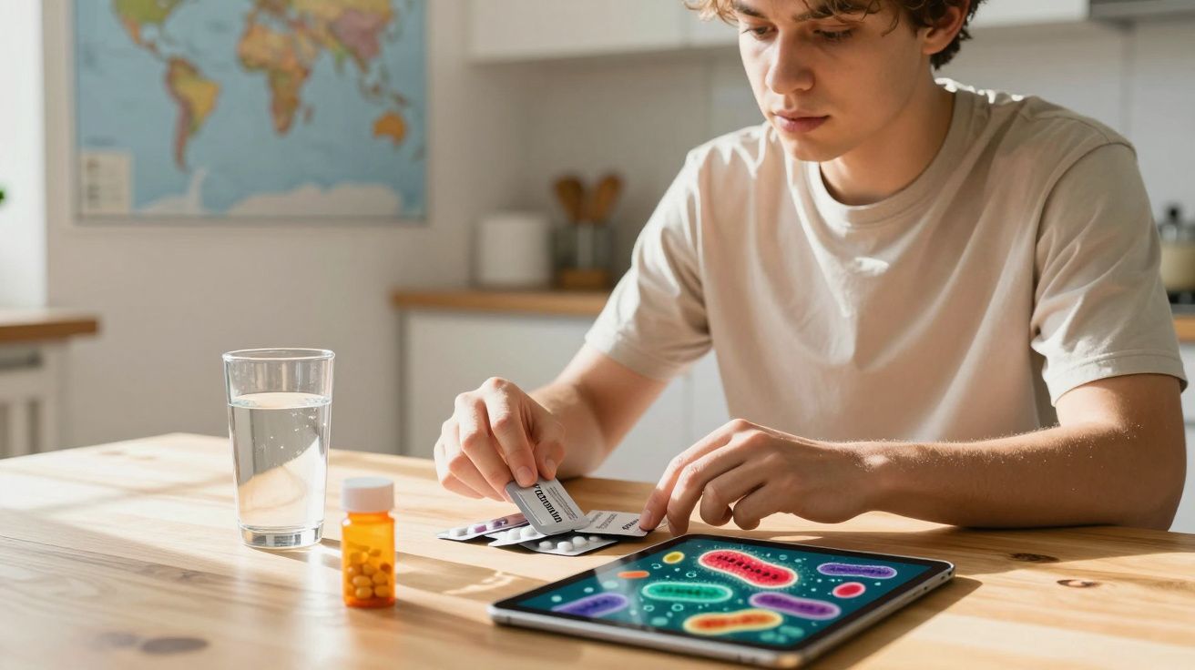 Jovem sentado à mesa prepara comprimidos com copo de água e imagem de vírus numa tablet à sua frente.