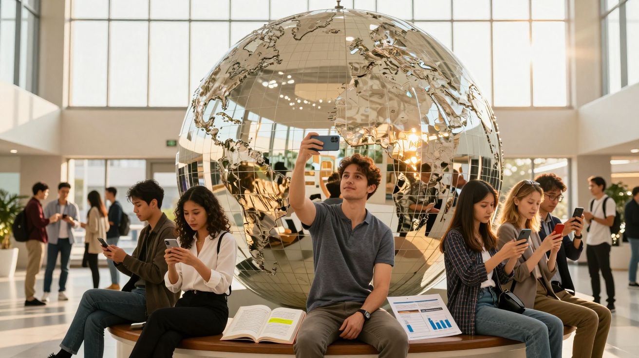 Grupo de jovens sentados em banco curvo junto a grande globo metálico, cada um com smartphone nas mãos.