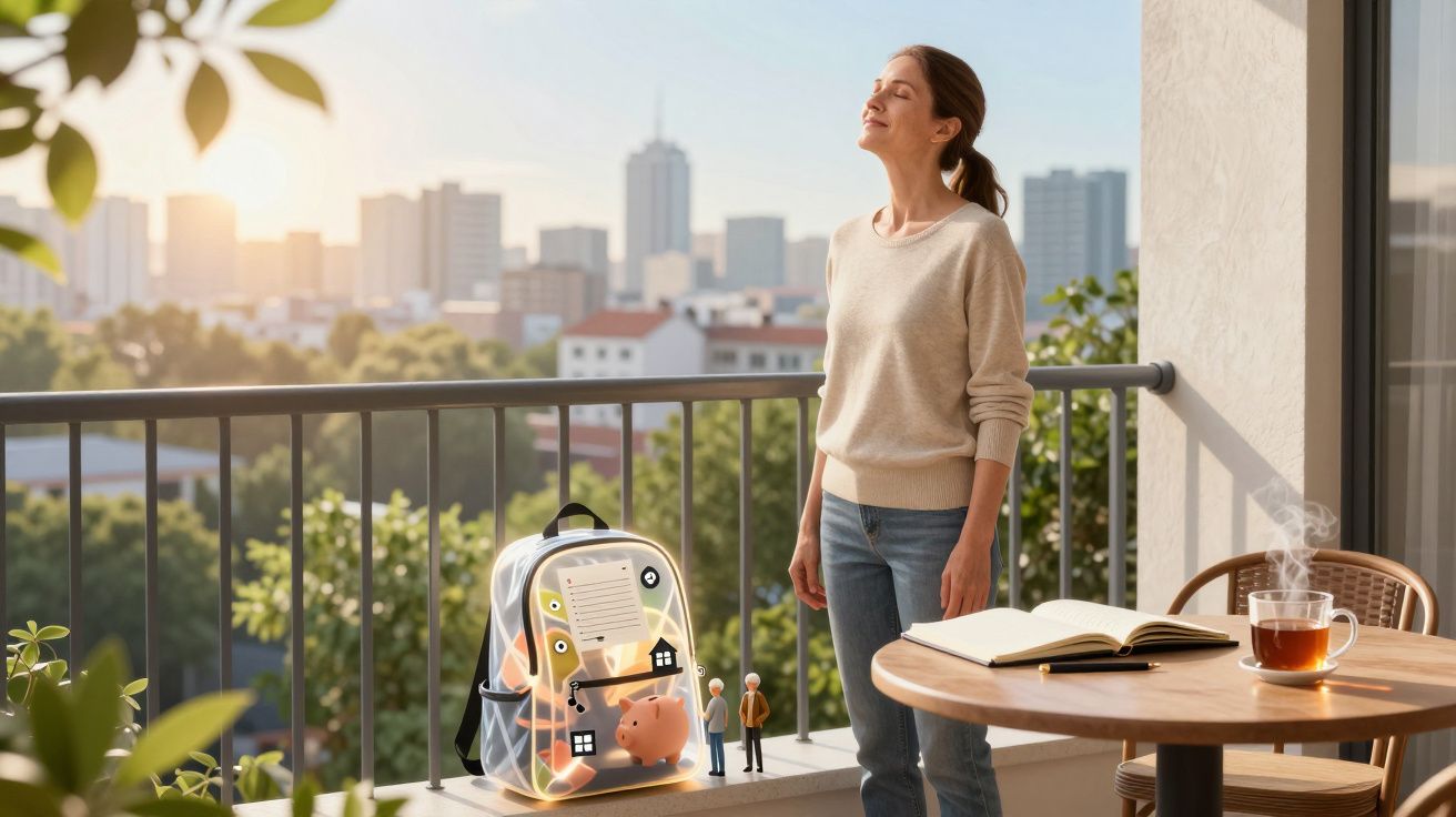 Mulher desfruta do sol na varanda ao amanhecer, com mochila transparente iluminada e mesa com livro e chá.