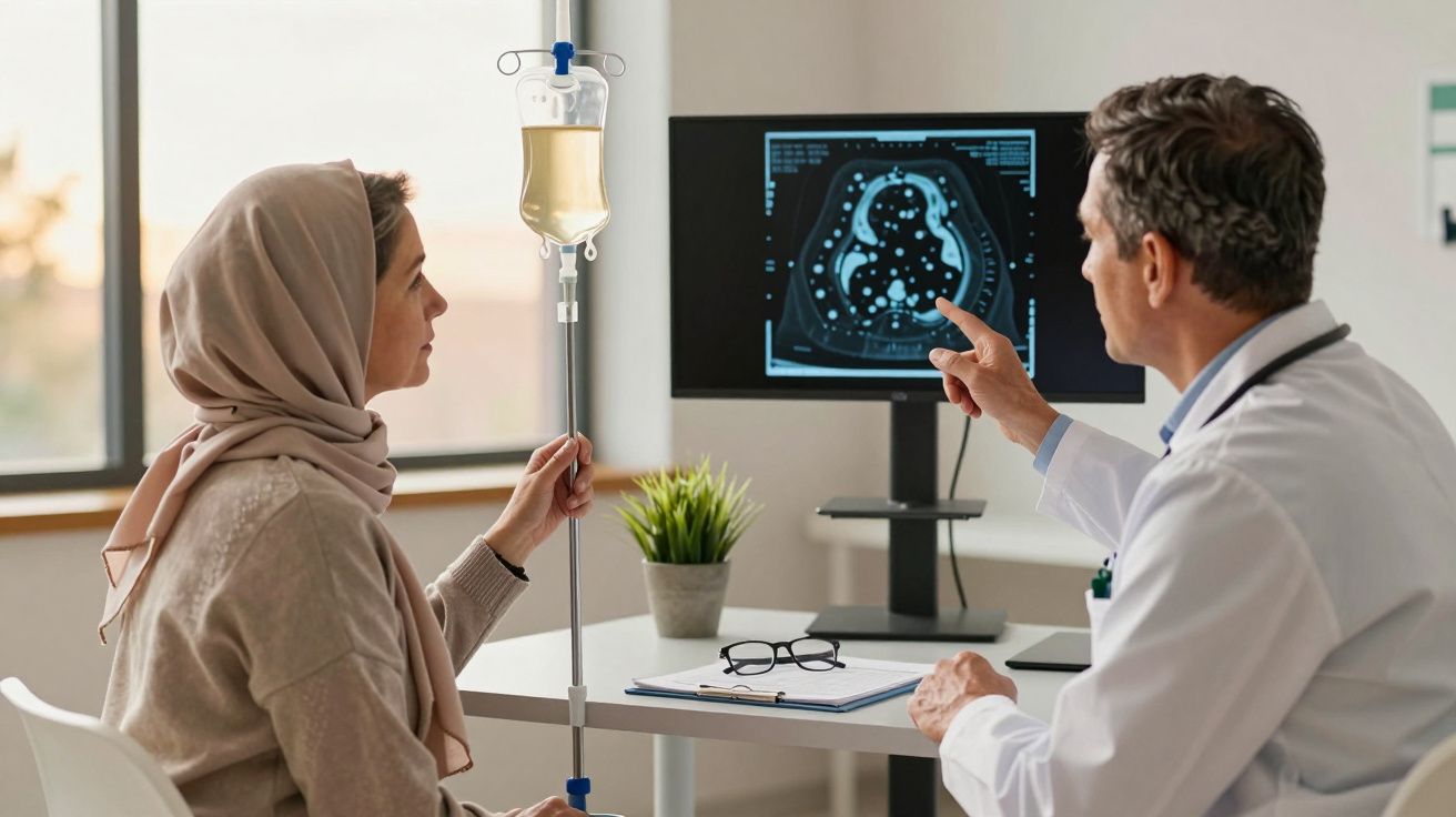 Médico explica exame de imagem a paciente feminina com lenço na cabeça e soro intravenoso na clínica.