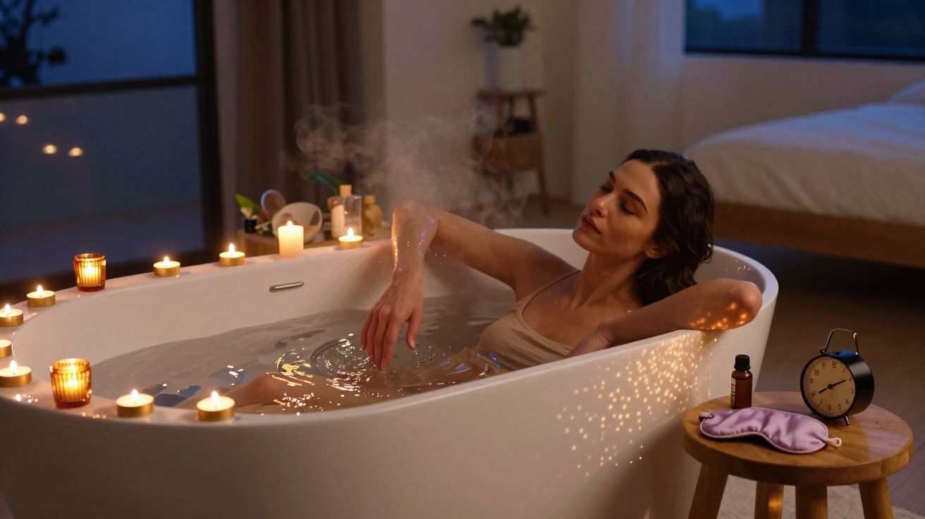 Mulher relaxa numa banheira com velas acesas e vapor em ambiente tranquilo ao anoitecer.