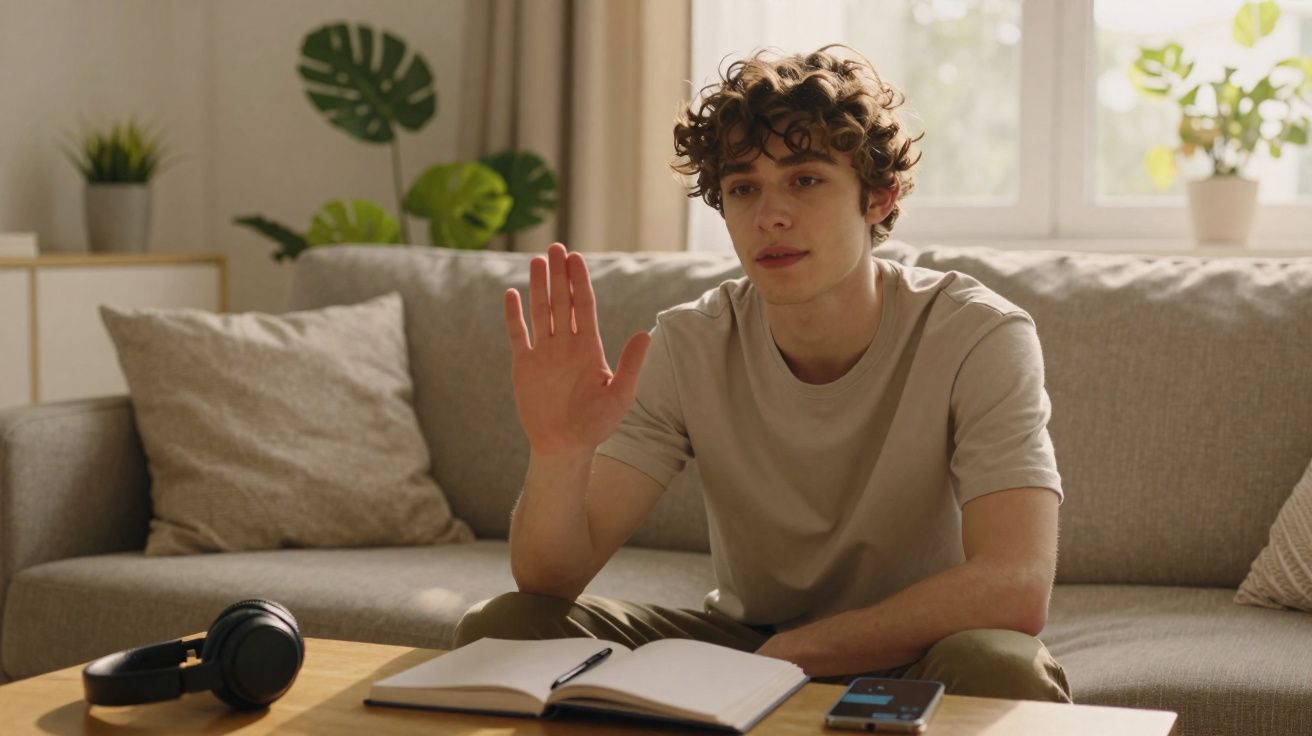 Jovem sentado no sofá a participar numa videochamada com caderno aberto à sua frente.