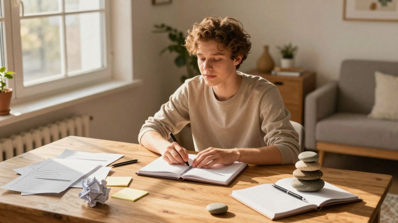 Jovem a escrever num caderno numa mesa com papéis, pedras empilhadas e uma sala iluminada ao fundo.