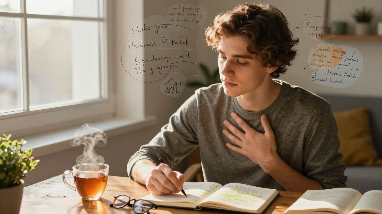Jovem a estudar numa mesa com livros, chá quente e anotações escritas flutuantes ao redor.