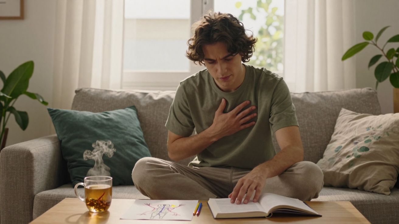 Jovem sentado no sofá com a mão no peito, lendo um livro, ao lado de chá quente numa mesa.