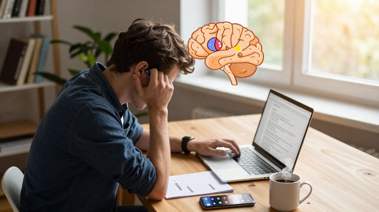 Homem pensativo a trabalhar num portátil com ilustração de cérebro sobre a mesa junto à janela.