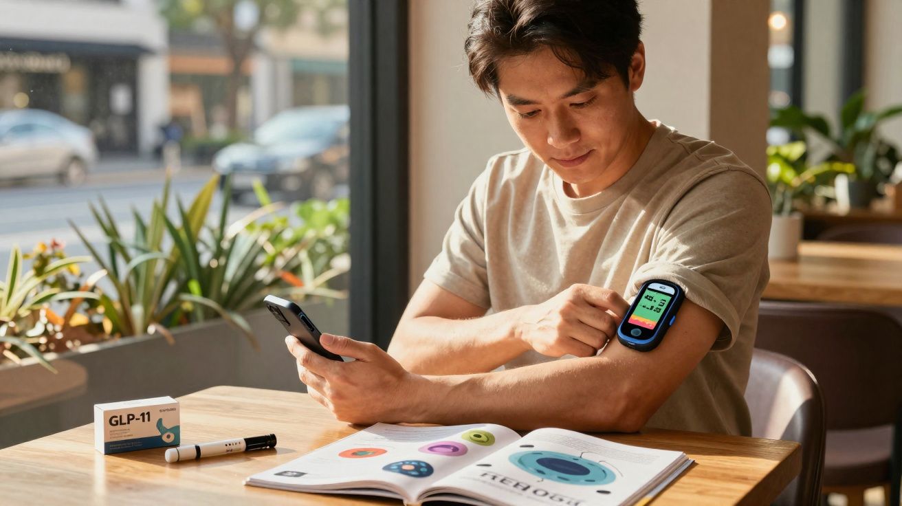 Homem jovem sentado numa mesa a verificar leitura de glicose no sensor no braço, com livros abertos.