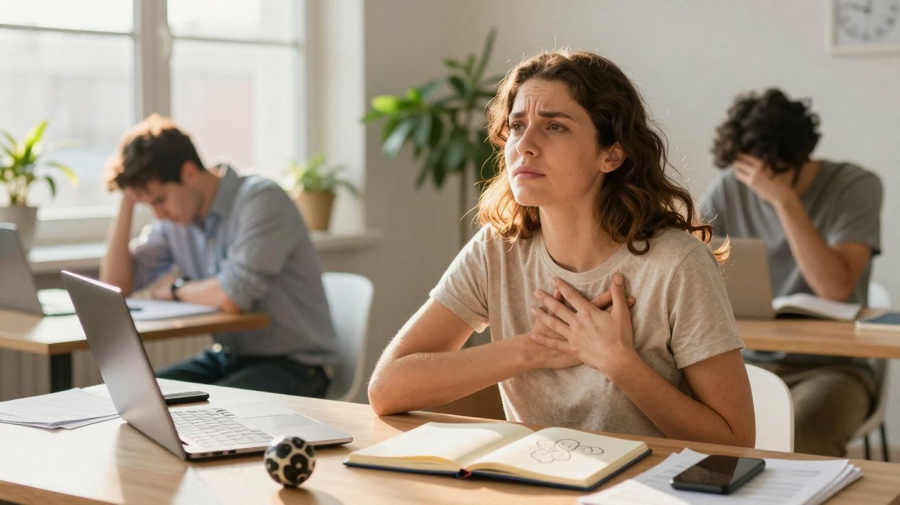 Mulher com dor no peito sentada numa mesa de estudo com livros e computador, dois homens ao fundo com gestos de stress.