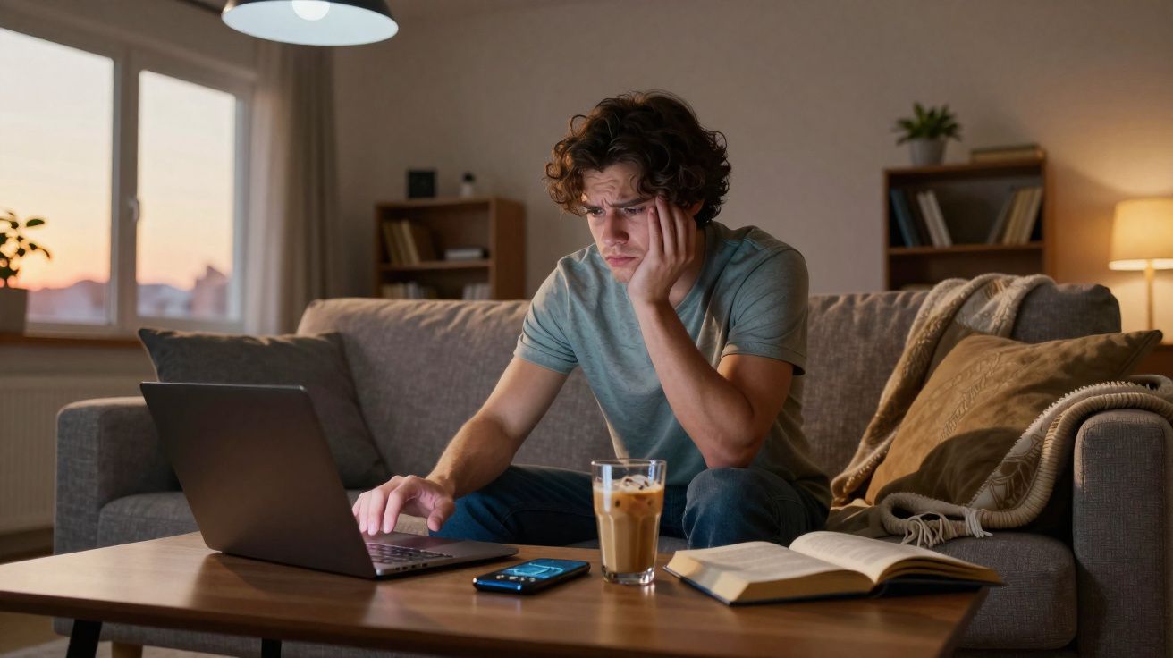 Jovem sentado no sofá à noite, concentrado no portátil, com café, livro aberto e telemóvel na mesa.