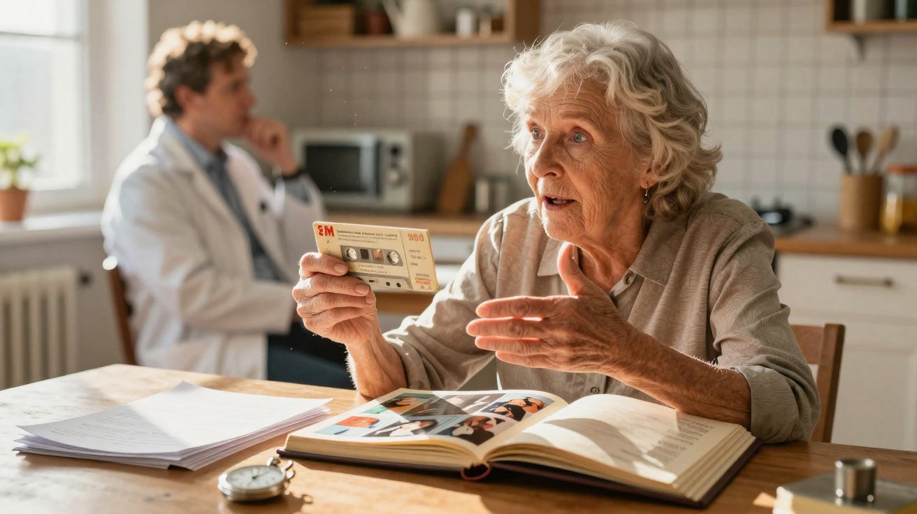 Senhora idosa na cozinha a mostrar uma cassete antiga, com um médico sentado ao fundo em pensamento.