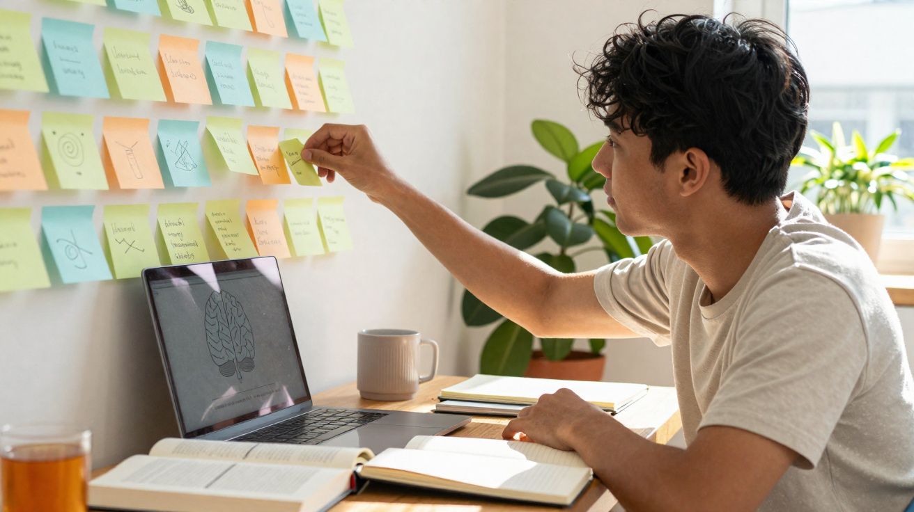 Jovem a organizar notas adesivas coloridas numa parede, enquanto trabalha com computador e livros numa secretária.