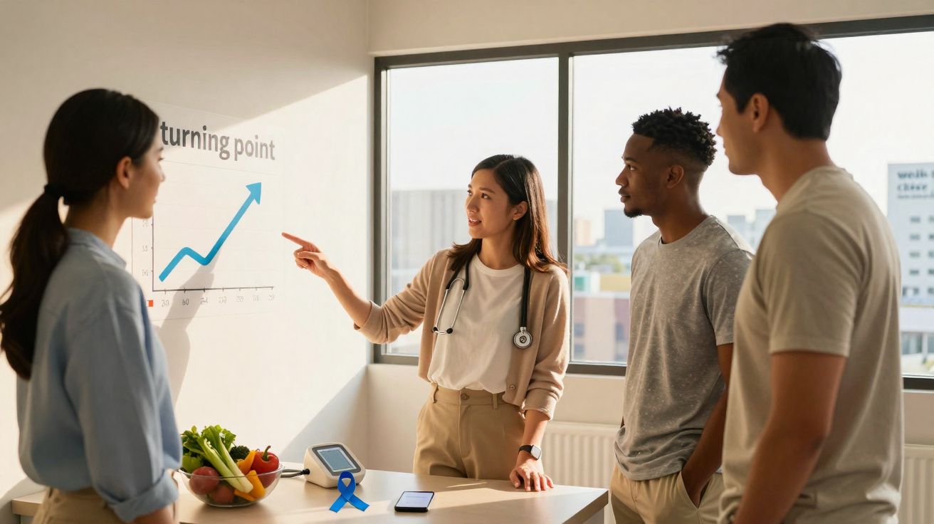 Grupo diverso a discutir gráfico de crescimento numa reunião em escritório iluminado.