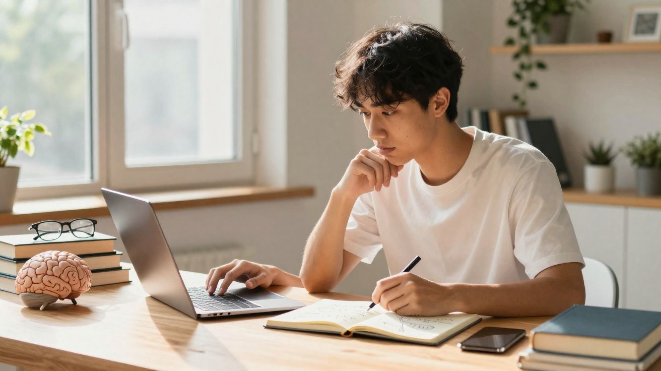 Jovem a estudar sentado numa secretária com computador portátil, caderno e livros num ambiente iluminado.