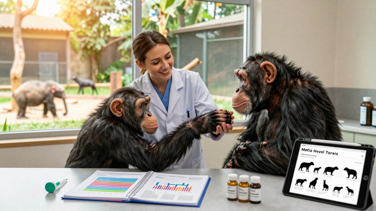Veterinária interage com dois chimpanzés numa mesa com gráficos e medicamentos, parque com elefantes ao fundo.
