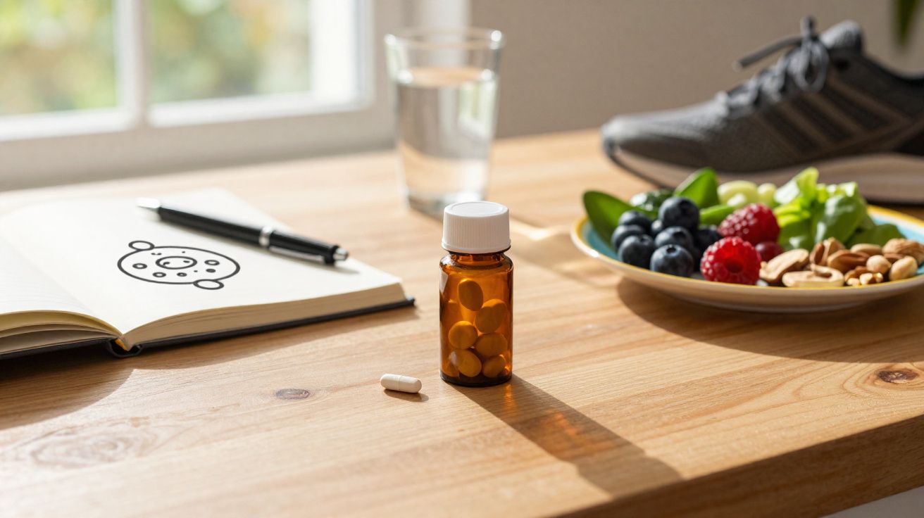 Mesa de madeira com frasco de comprimidos, um copo de água, caderno com desenho, prato de frutas e ténis ao fundo.