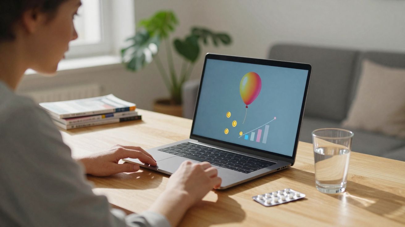 Pessoa sentada à mesa a usar portátil com gráfico de crescimento e balão colorido no ecrã.