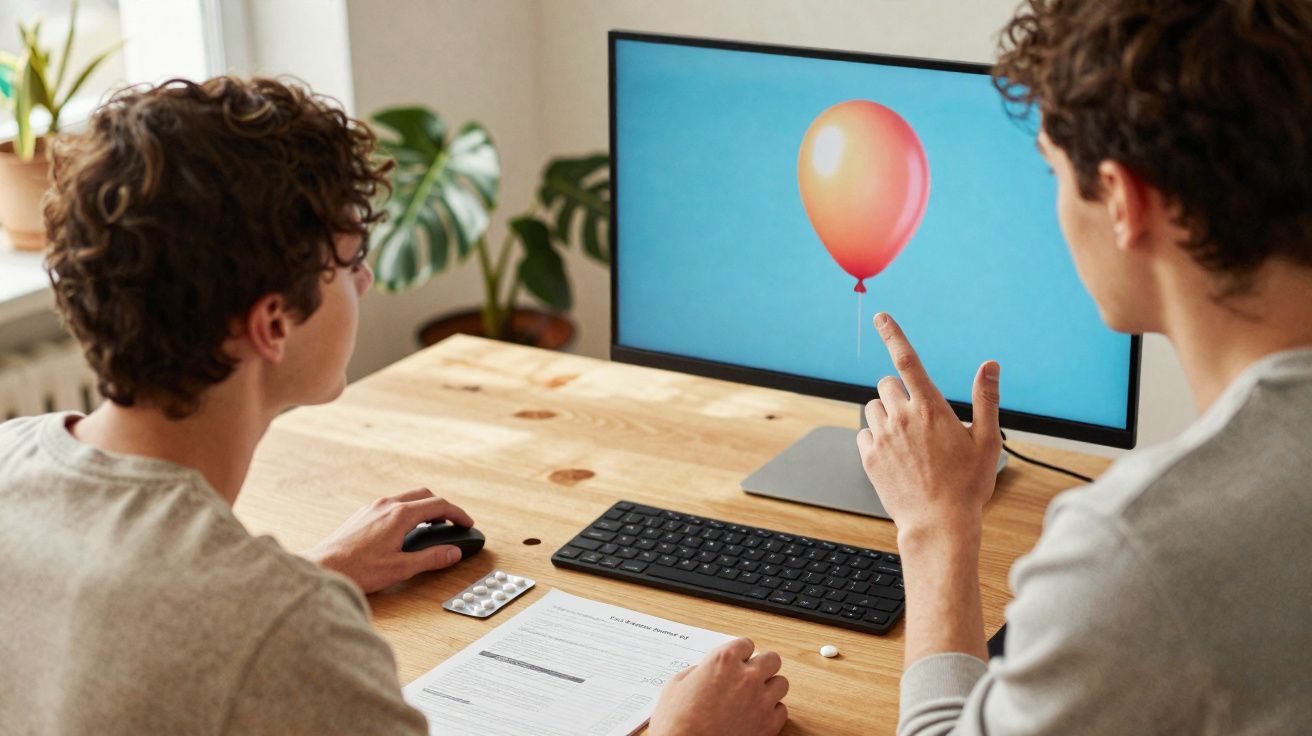 Duas pessoas sentadas à mesa a olhar para um monitor com a imagem de um balão vermelho num fundo azul.
