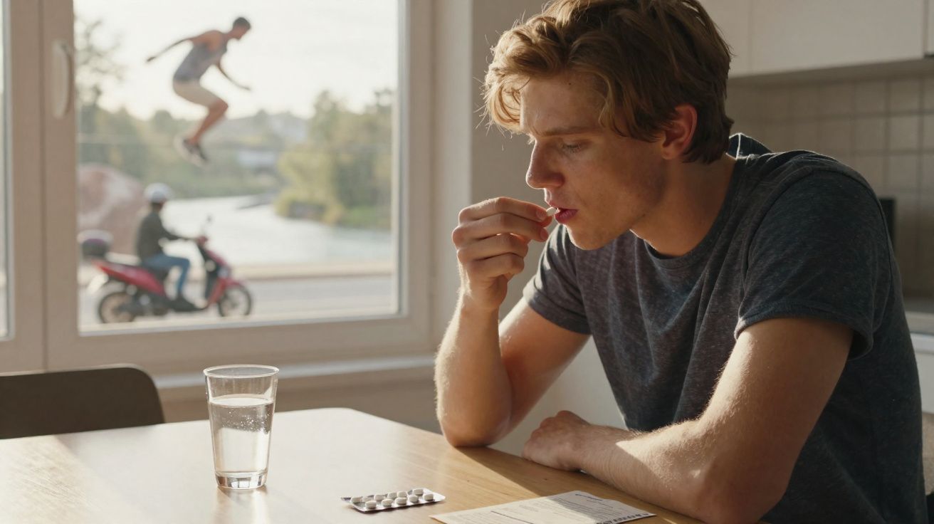 Homem sentado a tomar comprimido à mesa com copo de água, janela mostra pessoa de mota e pessoa a saltar.