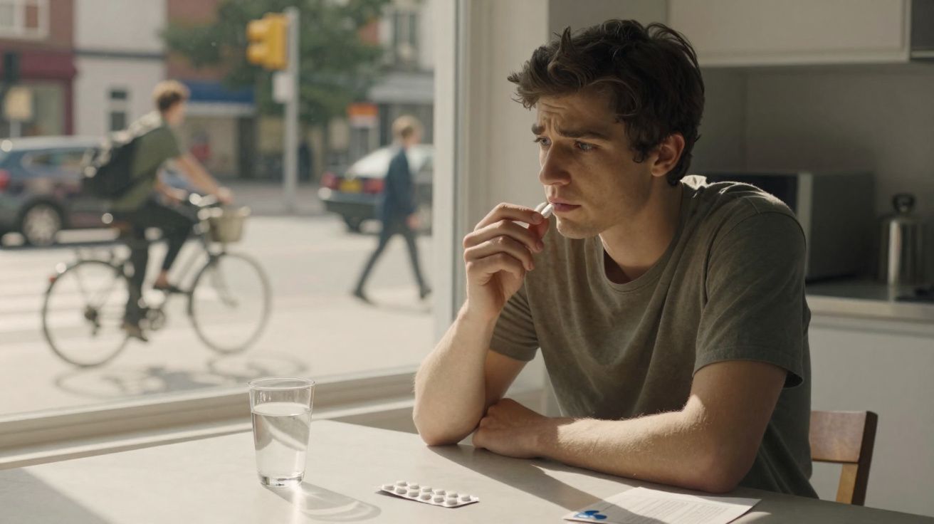 Jovem pensativo sentado à mesa com comprimidos e copo de água, com vista para rua movimentada.
