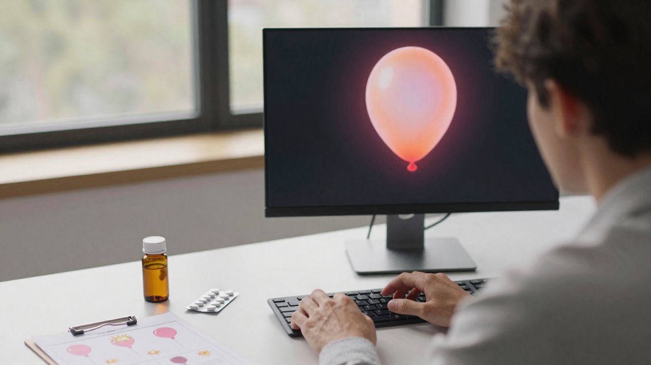 Pessoa sentada frente a computador com imagem de balão laranja na tela e medicamentos sobre a mesa.