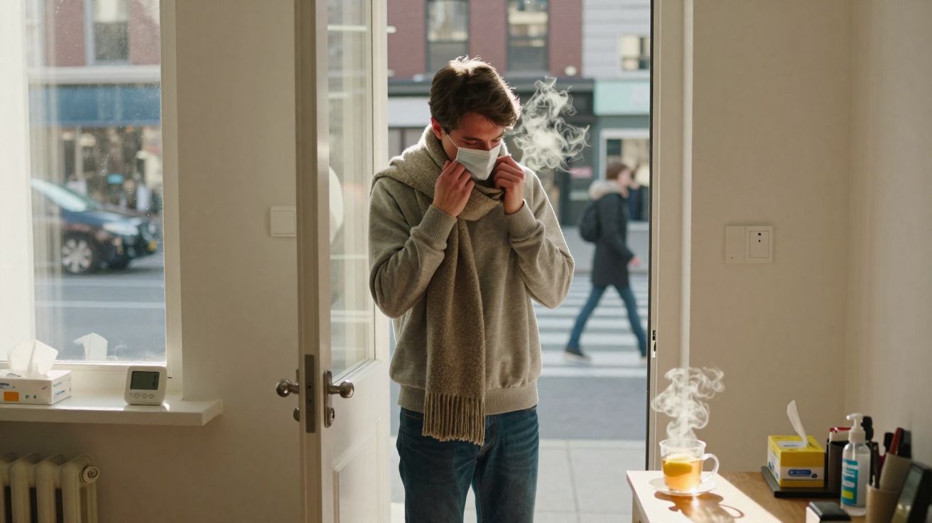 Homem jovem de pé na entrada com máscara, cachecol e vapor saindo de bebida quente numa mesa.