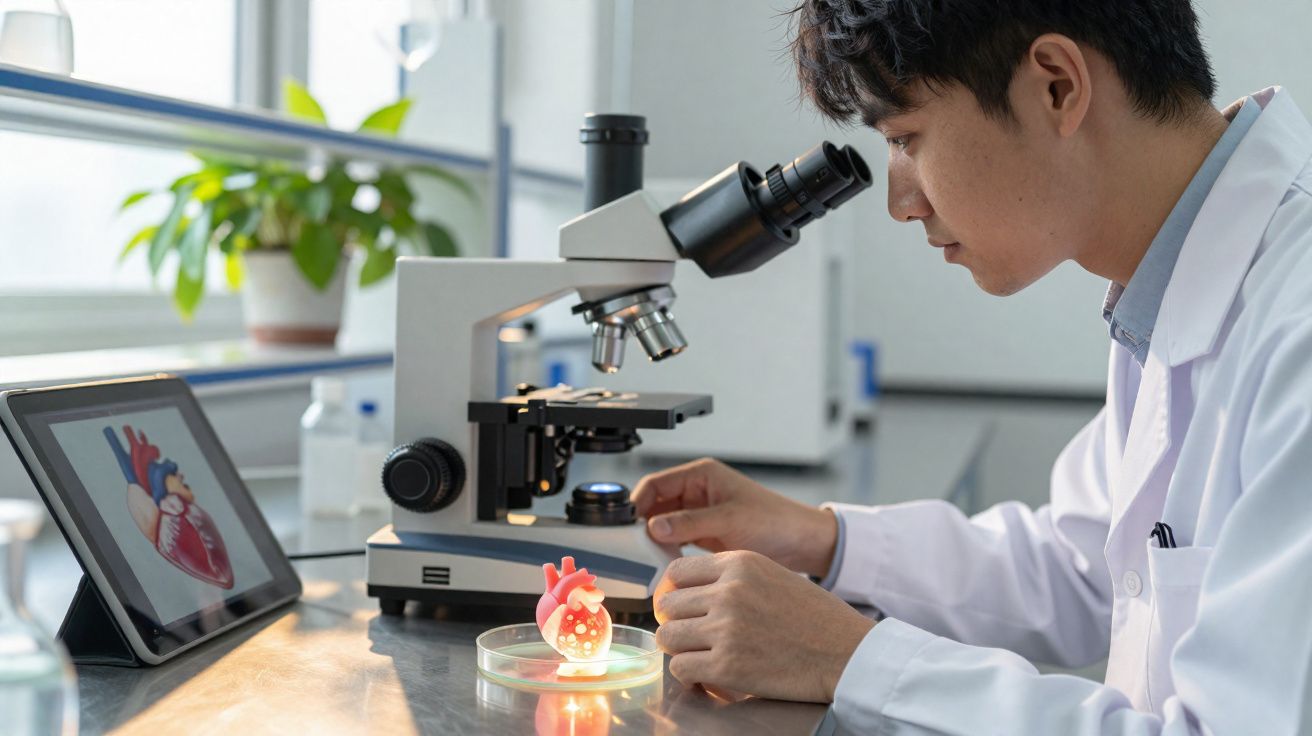 Cientista observa modelo de coração perto de microscópio numa bancada de laboratório.