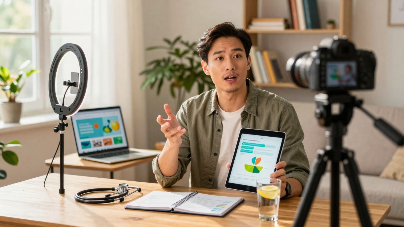 Homem a gravar vídeo explicativo sobre gráficos num tablet, com laptop, caderno e estetoscópio na mesa.