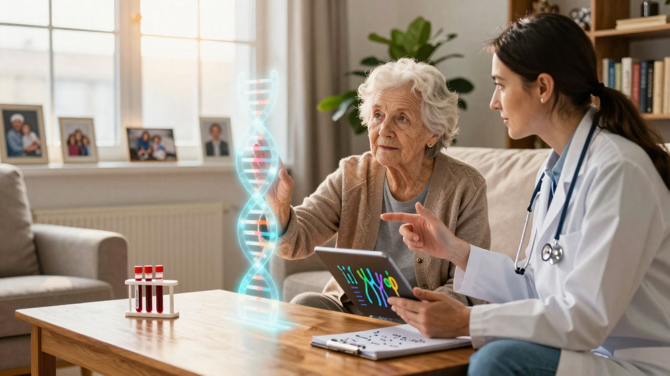 Médica e idosa consultam holograma da hélice do ADN e dados genéticos num ambiente doméstico acolhedor.