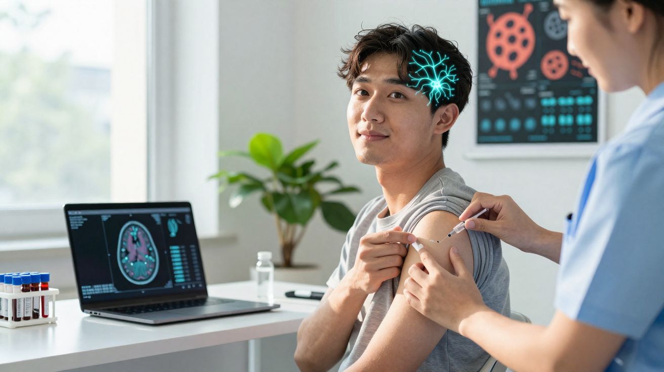 Jovem a receber vacina no braço numa clínica, com imagem digital de cérebro no ecrã do portátil ao fundo.