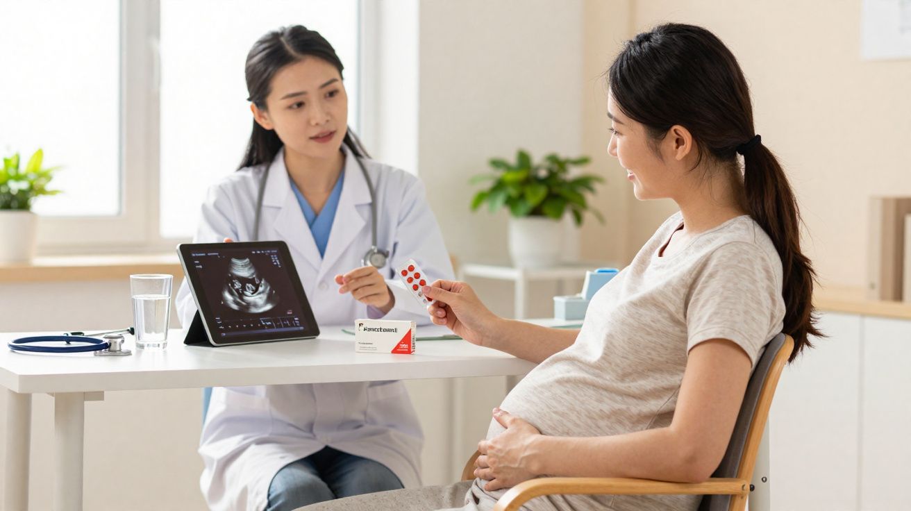 Médica e mulher grávida em consulta, com ecografia no tablet e medicamento sobre a mesa.