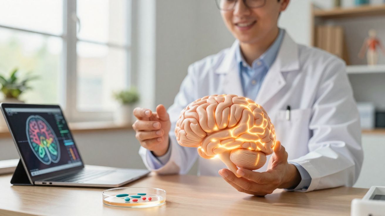 Médico em jaleco branco segura modelo iluminado do cérebro ao lado de computador com imagem cerebral.