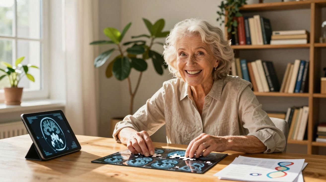 Mulher idosa sorridente a montar puzzle de imagens cerebrais, com tablet e documentos numa mesa iluminada.