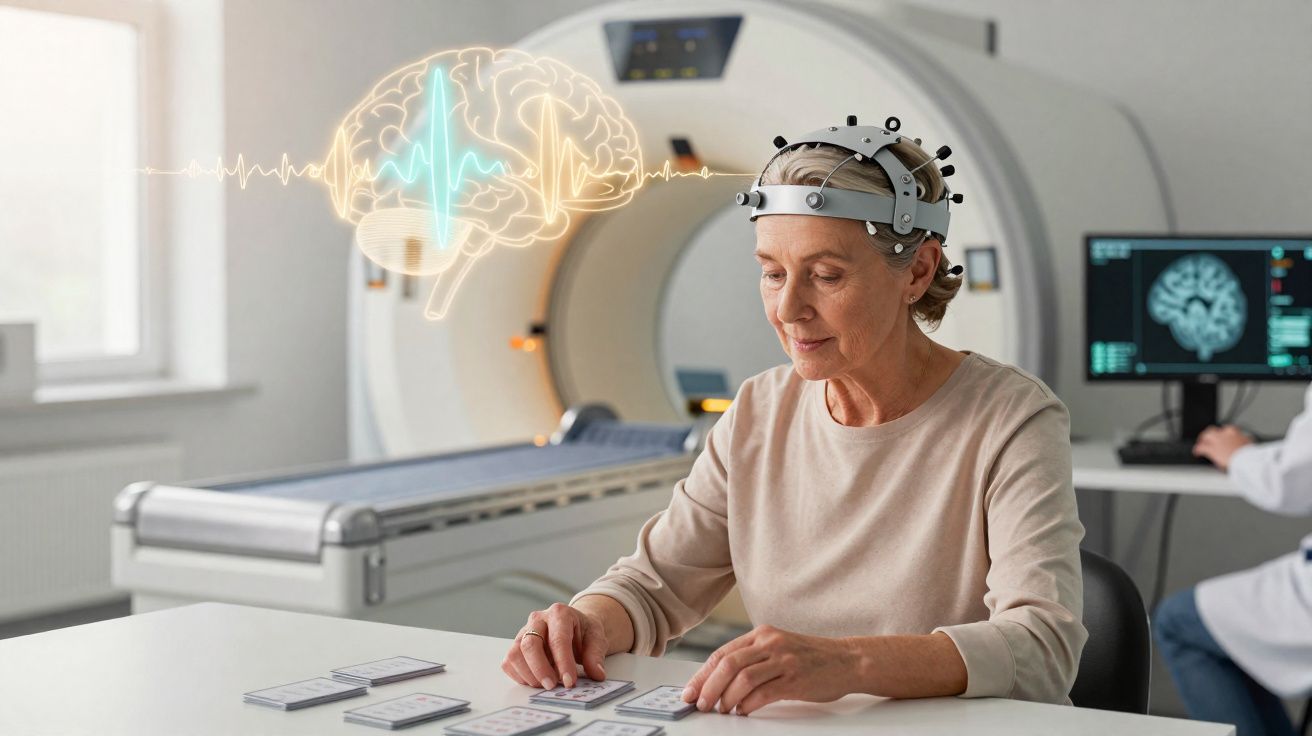 Mulher idosa a fazer teste cognitivo com equipamento neurocientífico numa clínica moderna.