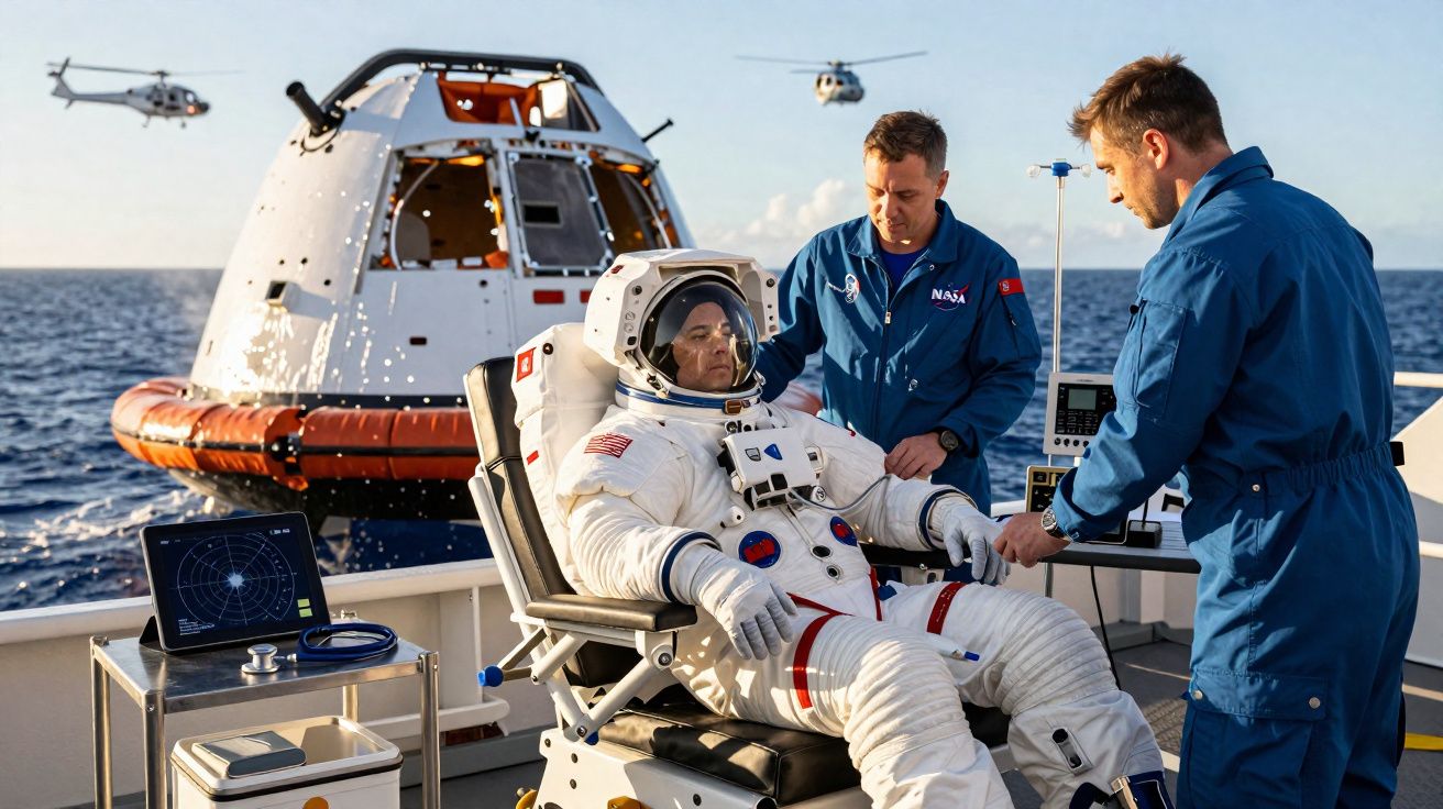 Astronauta sentado em cadeira no mar, acompanhado por dois técnicos e cápsula espacial com dois helicópteros ao fundo.