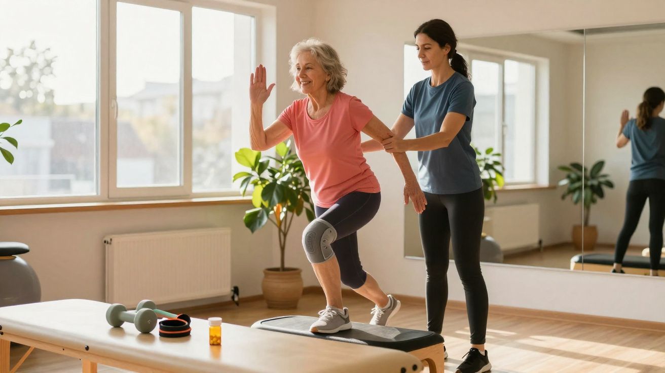 Mulher sénior a fazer exercício com apoio de fisioterapeuta num estúdio iluminado e espaçoso.