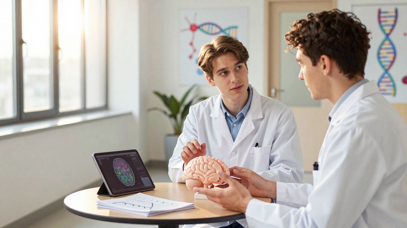 Dois cientistas em bata branca discutem modelo anatómico de cérebro numa mesa com tablet e documentos.