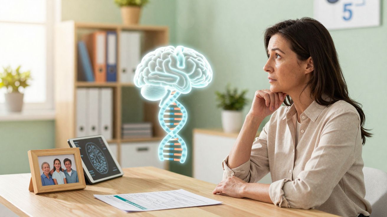 Mulher pensativa numa mesa com imagem holográfica de cérebro e hélice de ADN num consultório.