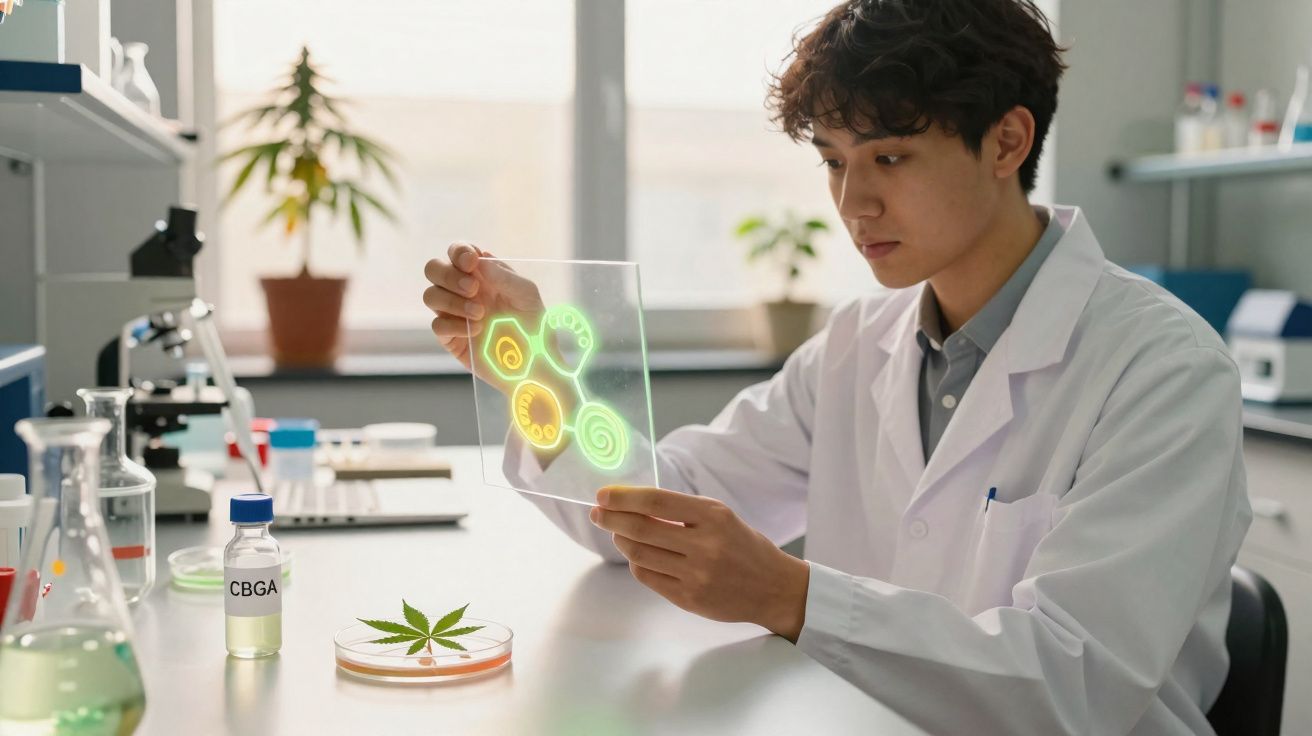 Cientista em laboratório a analisar imagens holográficas de compostos do canábis, com planta e frascos à frente.