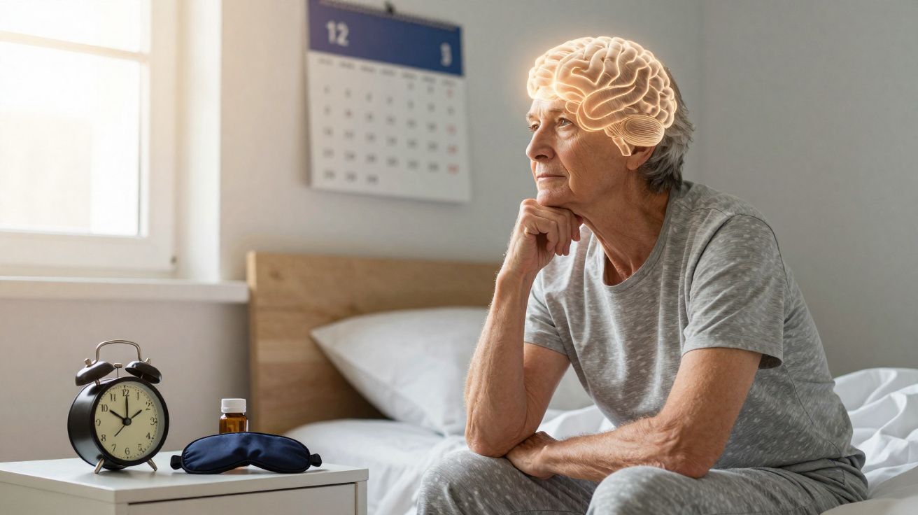 Pessoa idosa sentada na cama, pensativa, com ilustração do cérebro e itens sobre o criado-mudo.