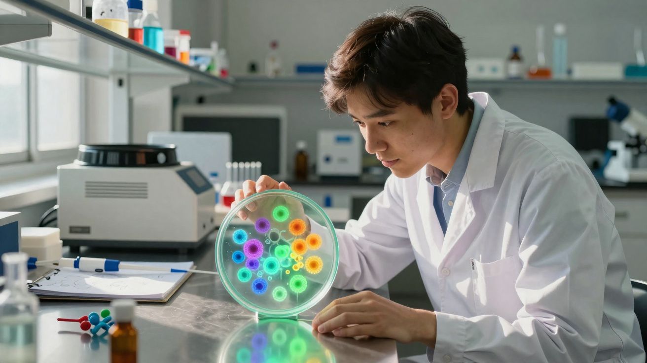Homem com bata de laboratório observa placa de Petri com colónias bacterianas coloridas em laboratório.