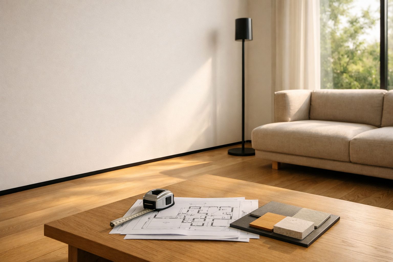 Mesa de madeira com plantas arquitetónicas, fita métrica e amostras de materiais numa sala moderna com sofá beige.