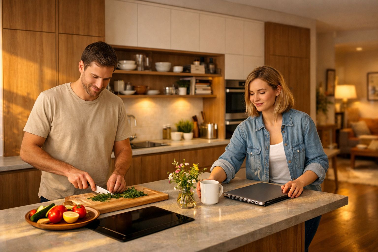 Casal jovem na cozinha, homem a cortar ervas e mulher com portátil e chá na bancada.