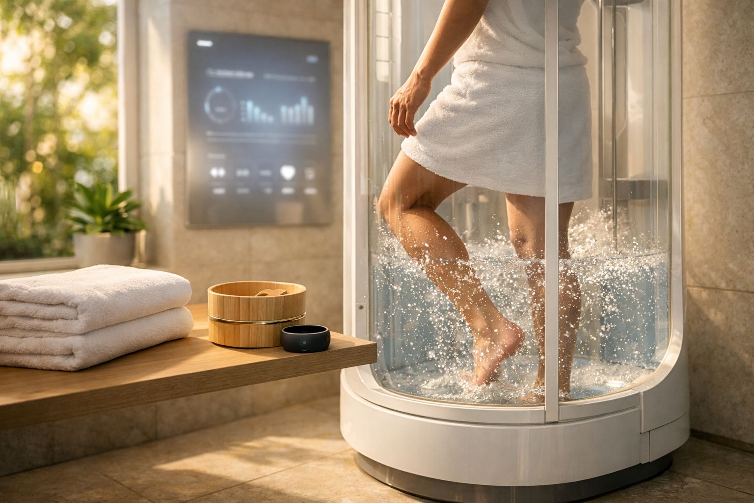 Pessoa com toalha entra em cabine de banho de hidromassagem num espaço moderno e luminoso.