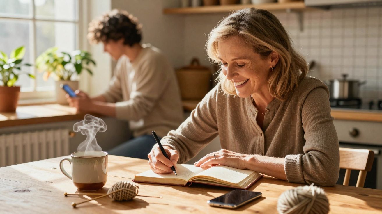 Mulher a escrever num caderno sorridente numa cozinha, com chá quente e homem ao fundo no telemóvel.