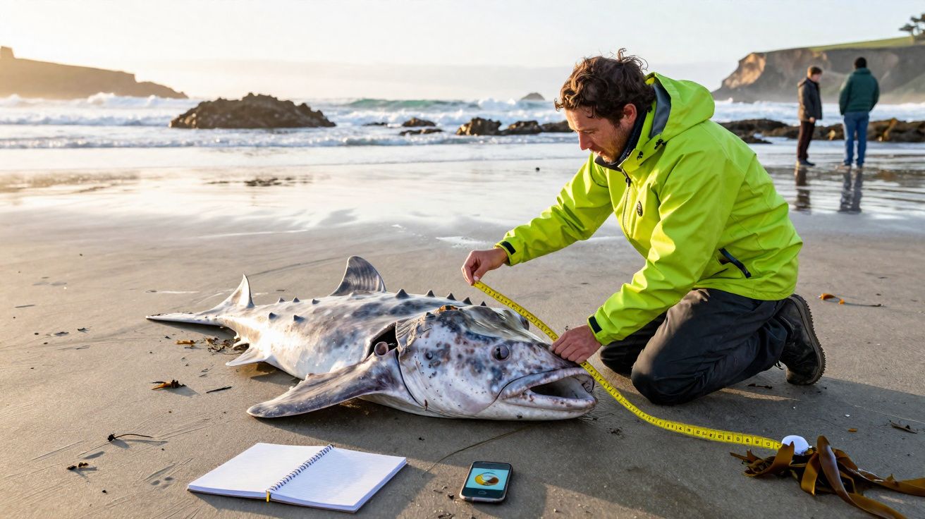 Homem de casaco verde mede peixe grande numa praia com mar ao fundo ao pôr do sol.