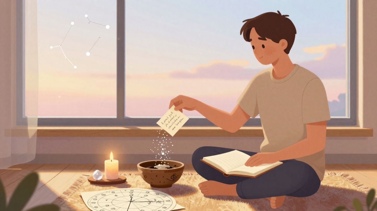 Rapaz sentado no chão a deitar pó num recipiente, rodeado por uma vela acesa e um mapa astrológico.