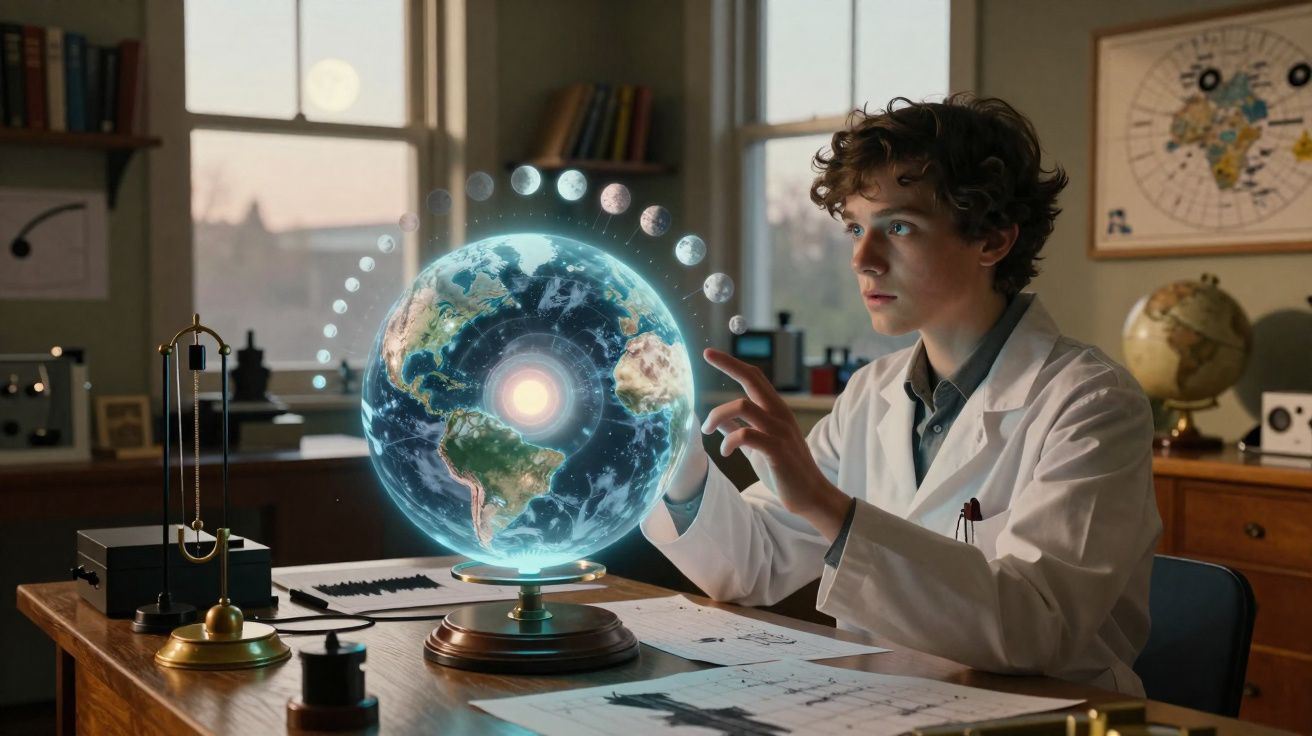 Jovem cientista em bata branca interage com globo terrestre holográfico numa sala de estudo clássica.