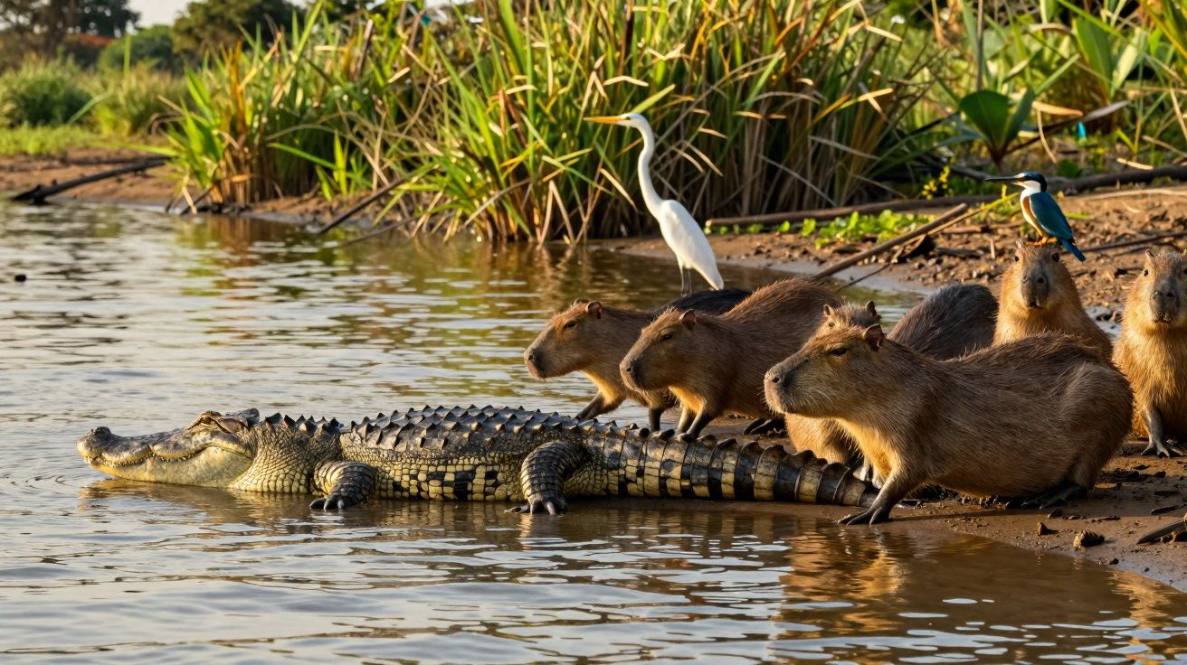 Jacaré na margem de rio com capivaras, garça branca e martim-pescador azul durante o dia.